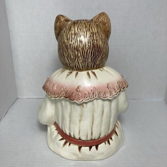 Vintage Ceramic Cookie Jar Kitty Cat in Dress Book Flowers Beautiful Eyes Japan - Picture 6 of 12